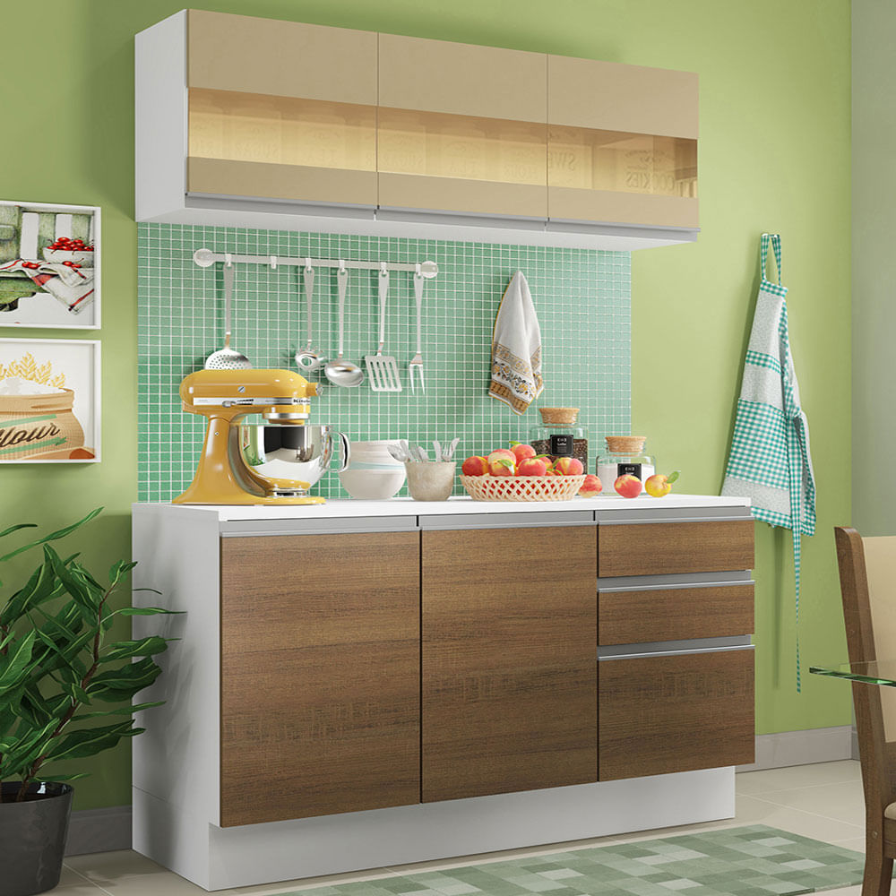 Image of Cozinha Compacta 100% MDF Madesa Smart 120 cm Modulada Com Balcão e Tampo Branco/Rustic/Crema